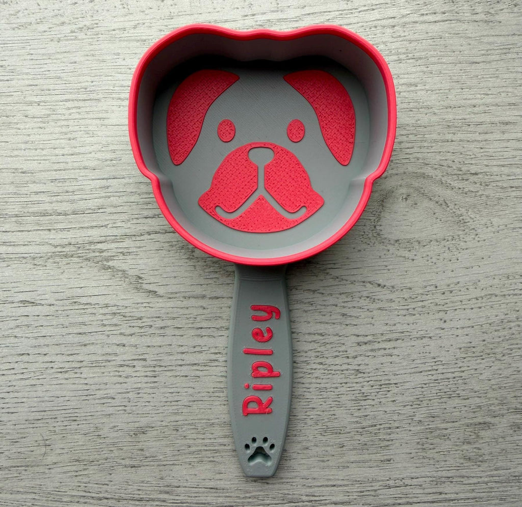 3D printed dog food scoop with a custom pet name, in a two-color finish