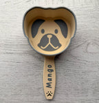 3D printed dog food scoop with a custom pet name, in a two-color finish