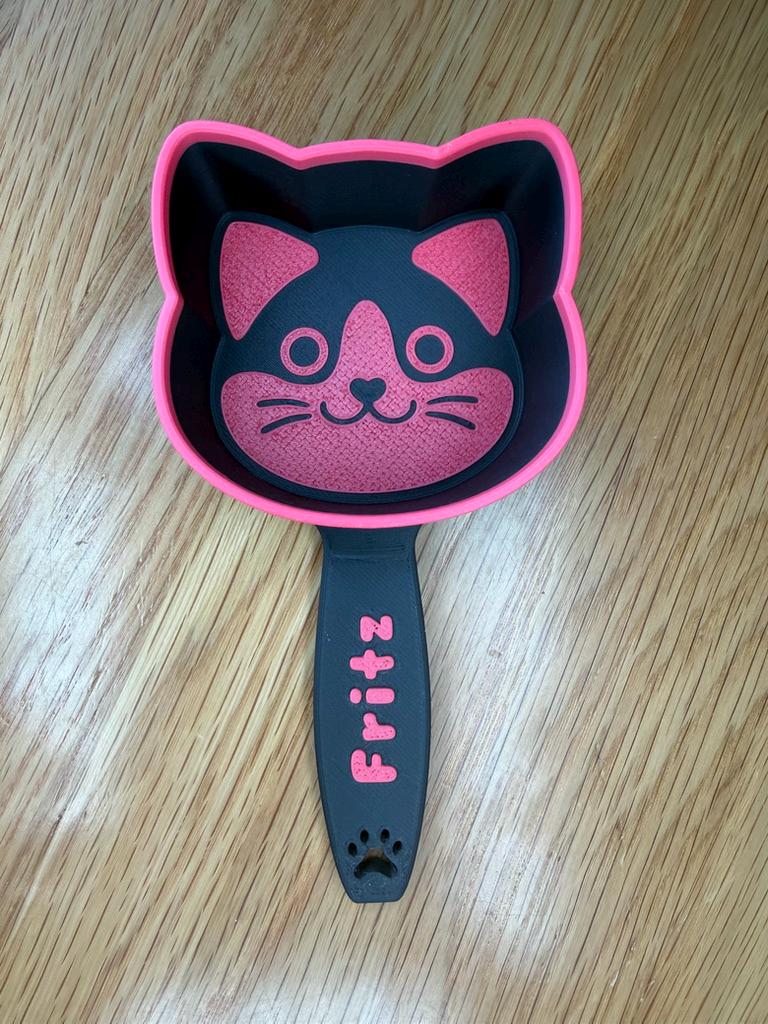 3D printed cat food scoop with a custom pet name