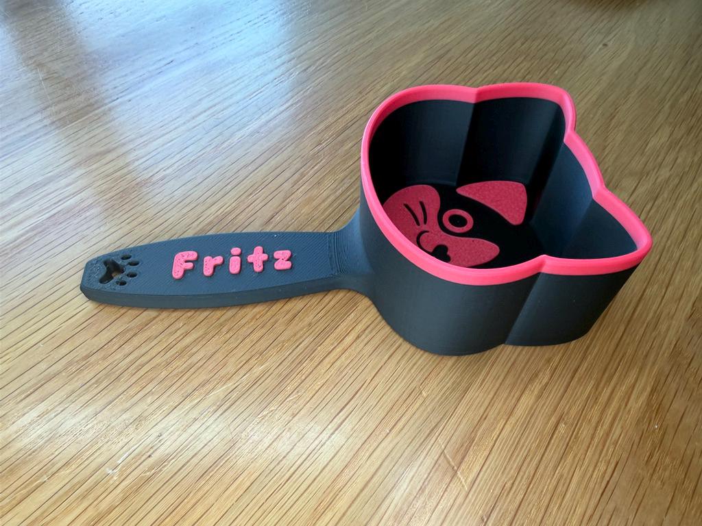 3D printed cat food scoop with a custom pet name