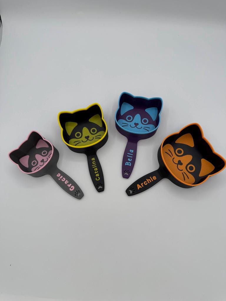 Cat food scoop shown with kibble beside a cat bowl