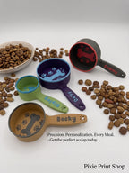 Personalized dog food scoops shown beside a bowl of kibble