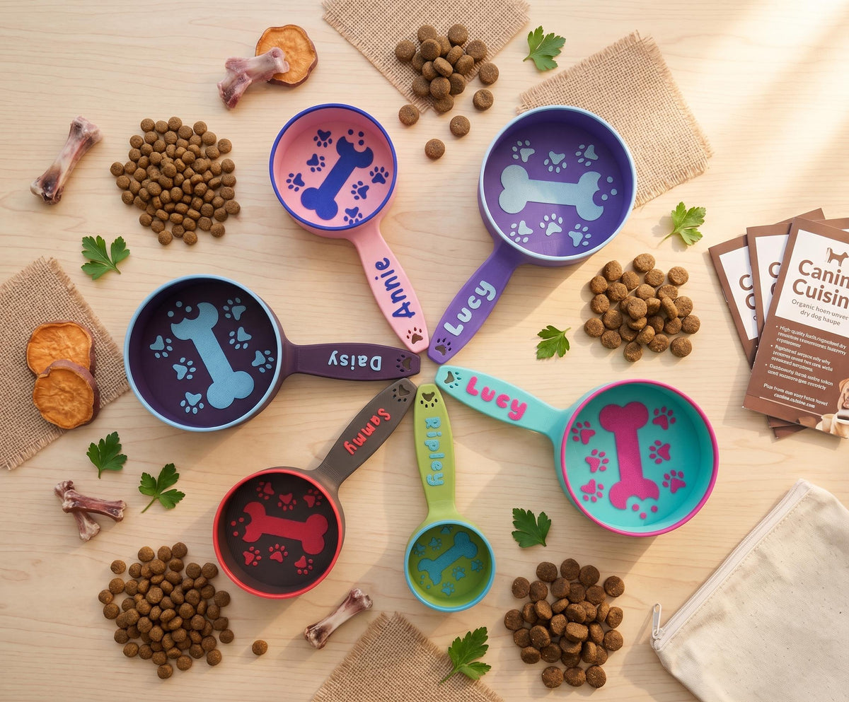 Personalized dog food scoops in several colors laid out with kibble and dog treats
