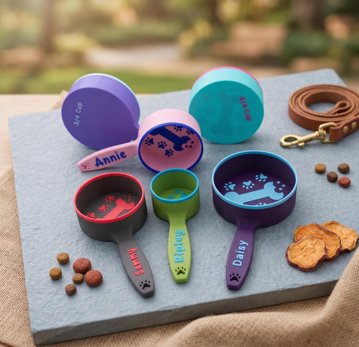 Five personalized dog food scoops in different colors, each printed with a dog's name, arranged with kibble and a lead