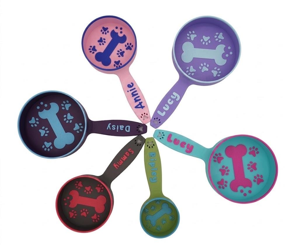 Personalized dog food scoops fanned out in a circle, each with a bone and paw design and a different name