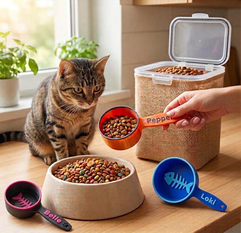 Personalized Cat Food Scoop with Custom Name - 3D Printed Kibble Measuring Cup - Fishbone Design - The Pixie Print Shop