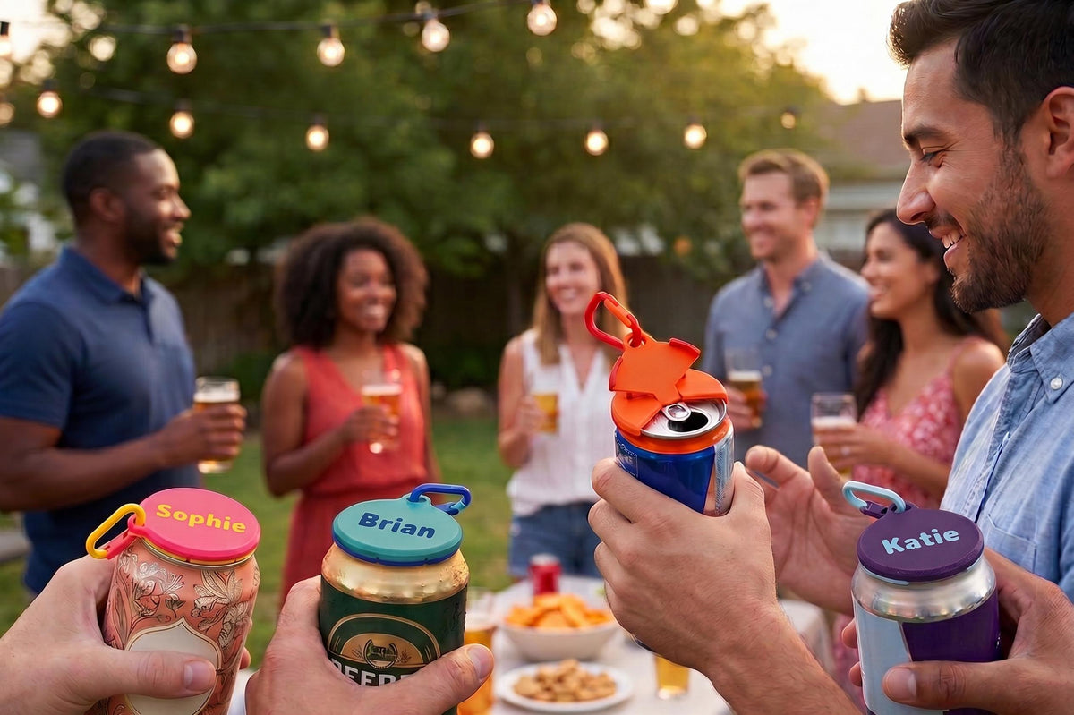 Personalized Can Topper with Custom Name - 3D Printed Reusable Soda Can Cover - Carabiner Clip - The Pixie Print Shop