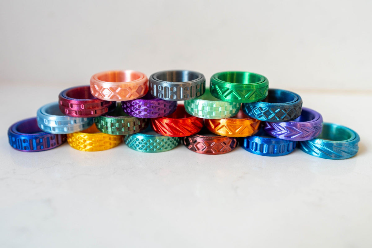 Super Spin Fidget Ring, 3D Printed Spinner Ring, 16 Textures, 23 Colors, Sizes 4 to 15, Textured Band, Stocking Stuffer