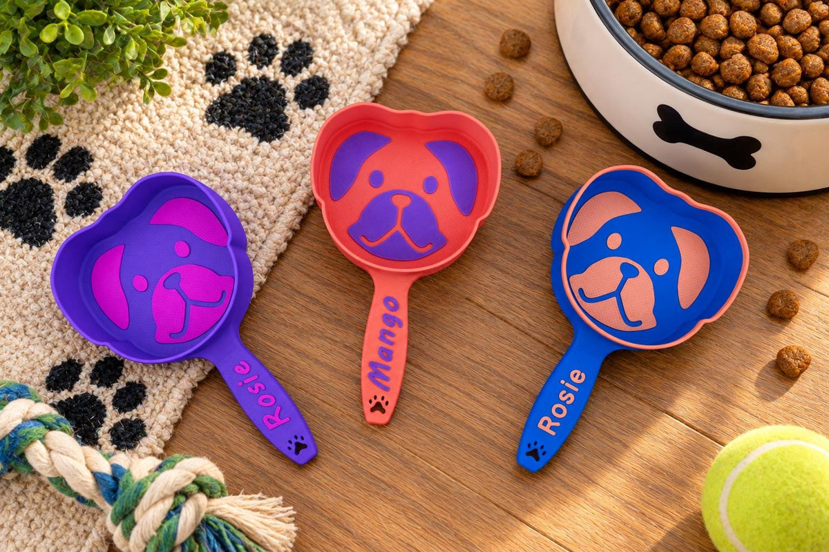 Personalized Dog Food Scoop - Dog Face Design - 3D Printed Kibble Measuring Cup - 12 Sizes - The Pixie Print Shop